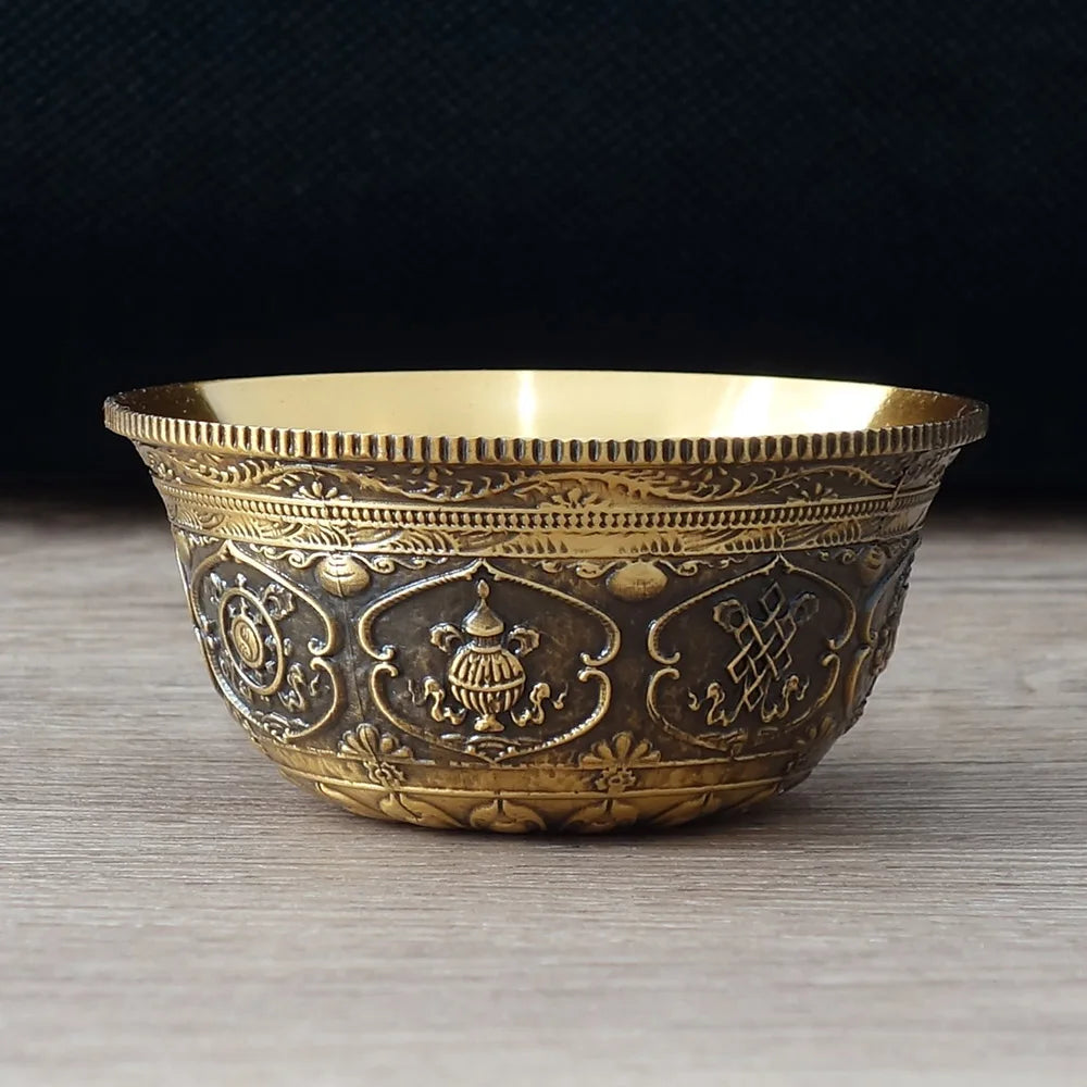 Buddhist Bowl Thick Copper Cup Tibet Ritual Plate Brass Eight Auspicious Symbols Home Meditation Decoration