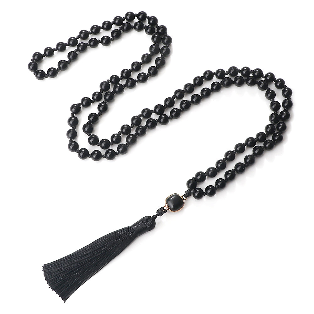 Necklace: Black Obsidian Onyx Mala Necklace - 108 Beads Yoga Jewelry