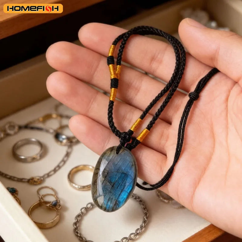 1PC Natural Blue Labradorite Moonstone Healing Gemstone Crystal Pendant Jewelry Necklace For Spiritual Meditation