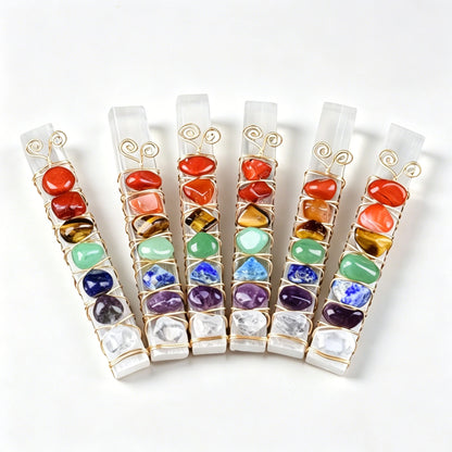 Natural 7 Chakra Selenite Wand Golden/Silvery Wire Wrapped Chakra Reiki Healing Crystal Decor Gift