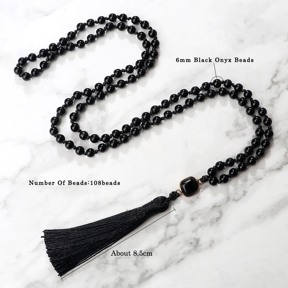 Necklace: Black Obsidian Onyx Mala Necklace - 108 Beads Yoga Jewelry