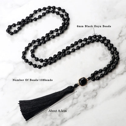 Necklace: Black Obsidian Onyx Mala Necklace - 108 Beads Yoga Jewelry