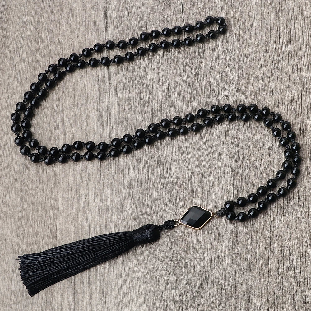 Necklace: Black Obsidian Onyx Mala Necklace - 108 Beads Yoga Jewelry