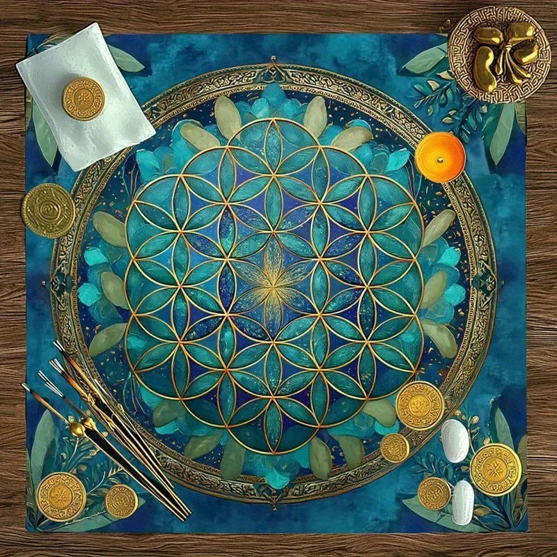 Tarot Tablecloth Sun & Moon Divination Altar Cloth Flower of Life Night Sky Tarot Cloth Astrology Universe Golden Star Tarot Mat