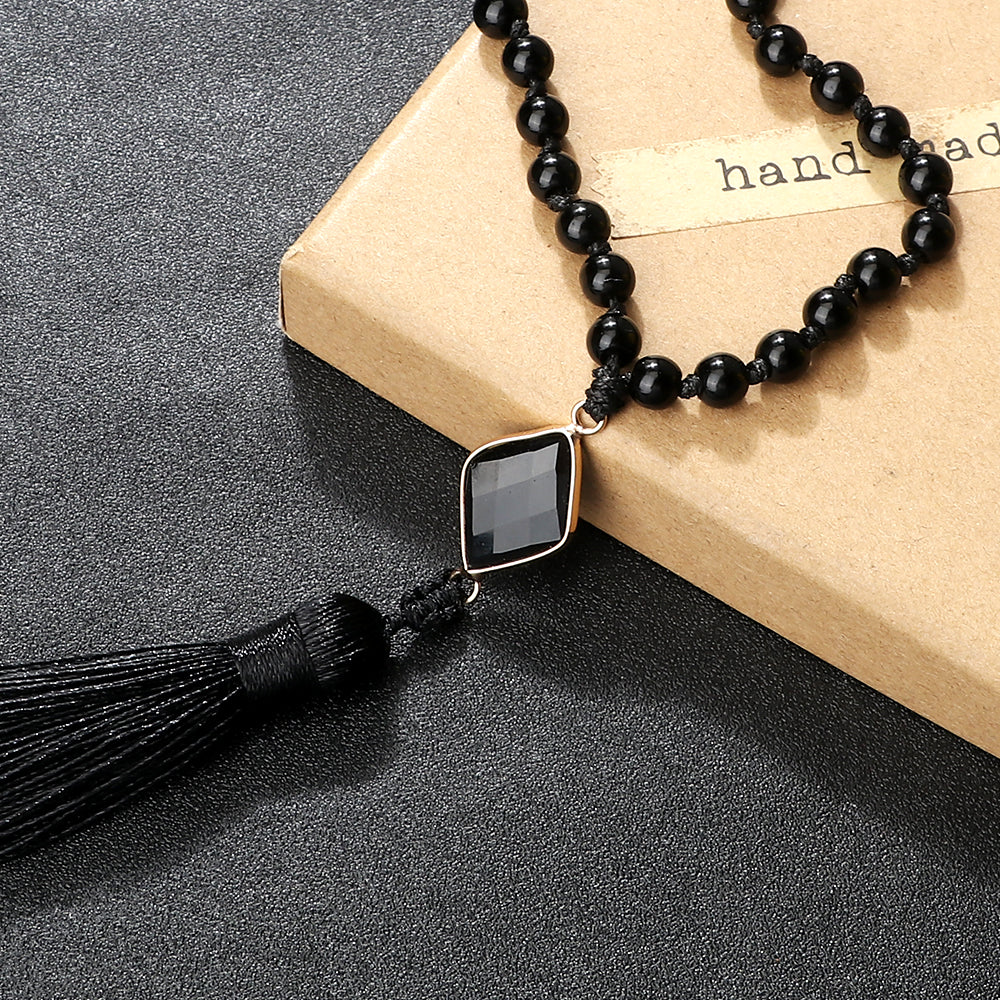 Necklace: Black Obsidian Onyx Mala Necklace - 108 Beads Yoga Jewelry