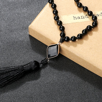Necklace: Black Obsidian Onyx Mala Necklace - 108 Beads Yoga Jewelry