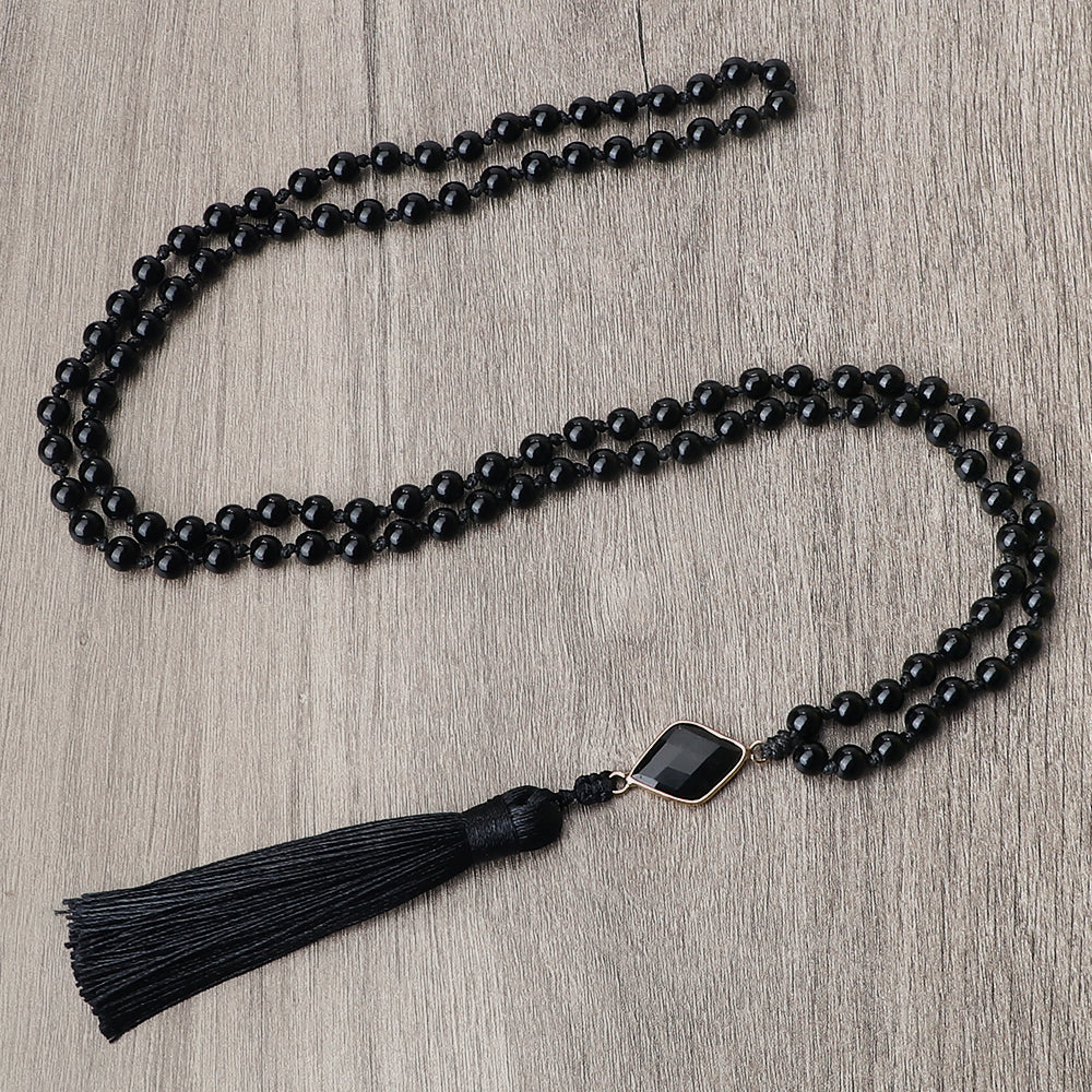 Necklace: Black Obsidian Onyx Mala Necklace - 108 Beads Yoga Jewelry