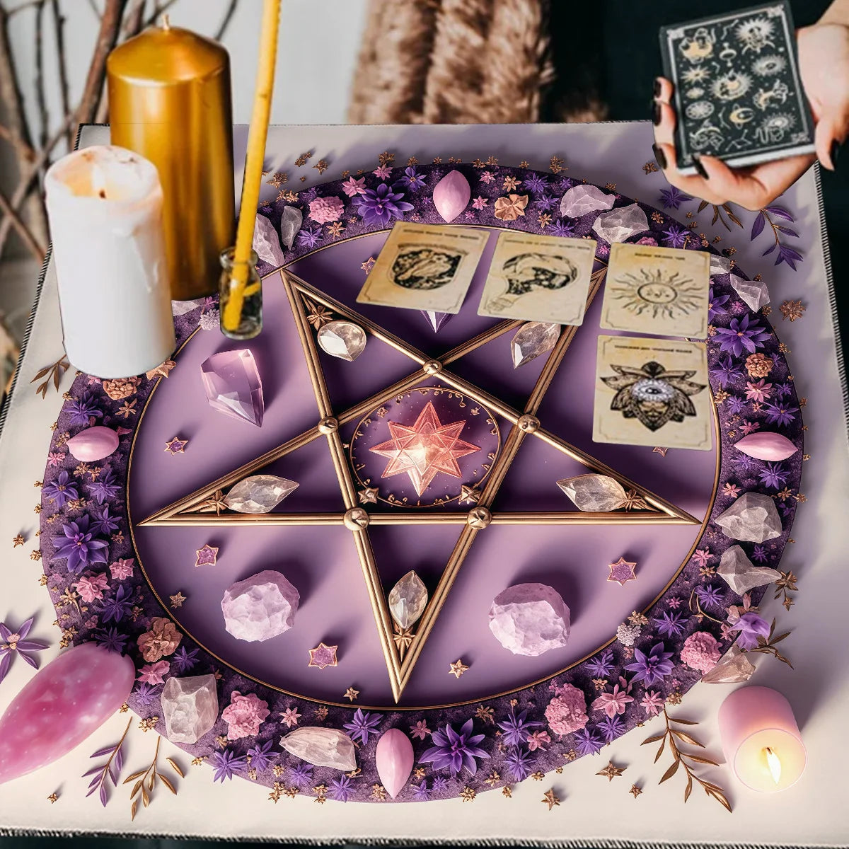 Tarot Tablecloth Sun & Moon Divination Altar Cloth Flower of Life Night Sky Tarot Cloth Astrology Universe Golden Star Tarot Mat
