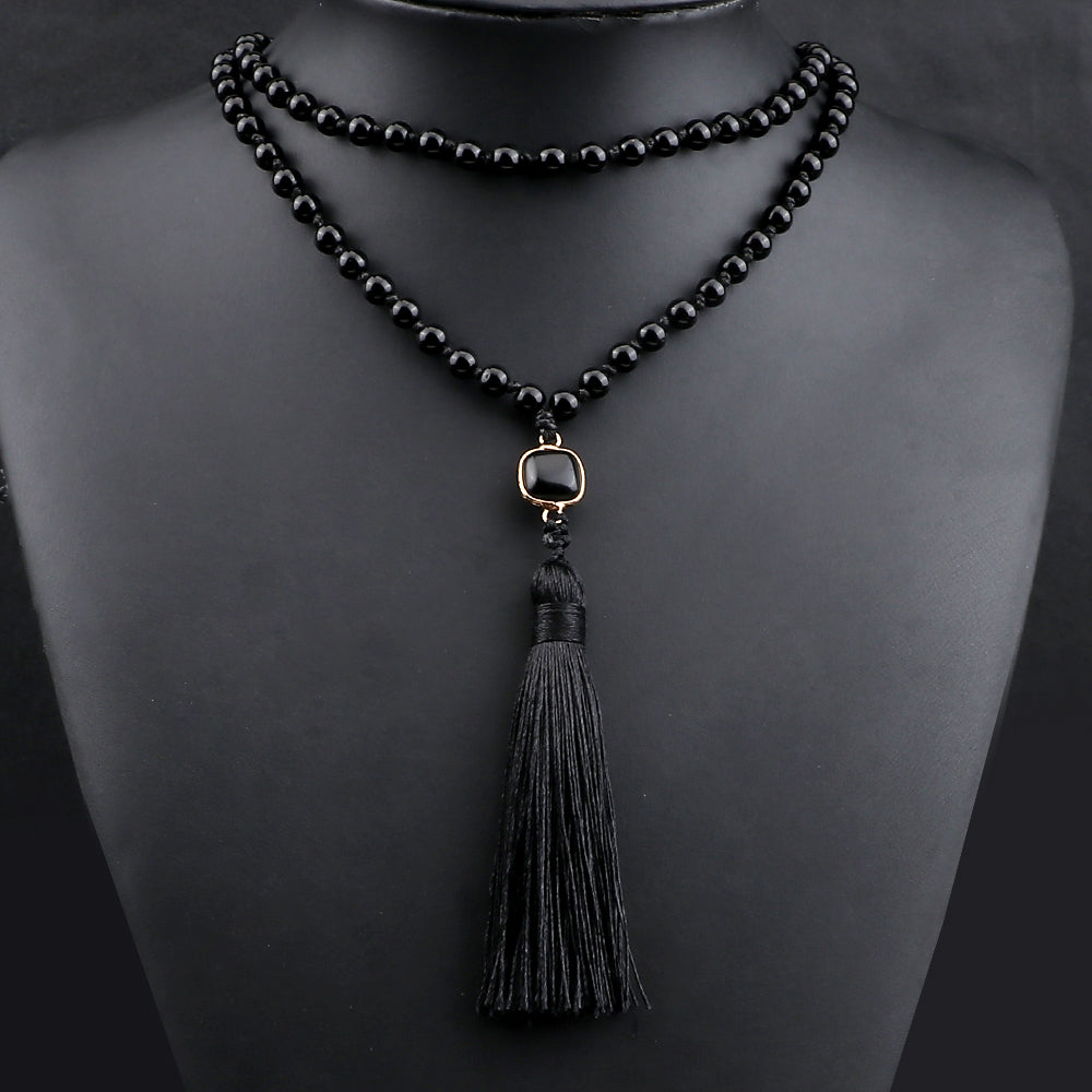Necklace: Black Obsidian Onyx Mala Necklace - 108 Beads Yoga Jewelry