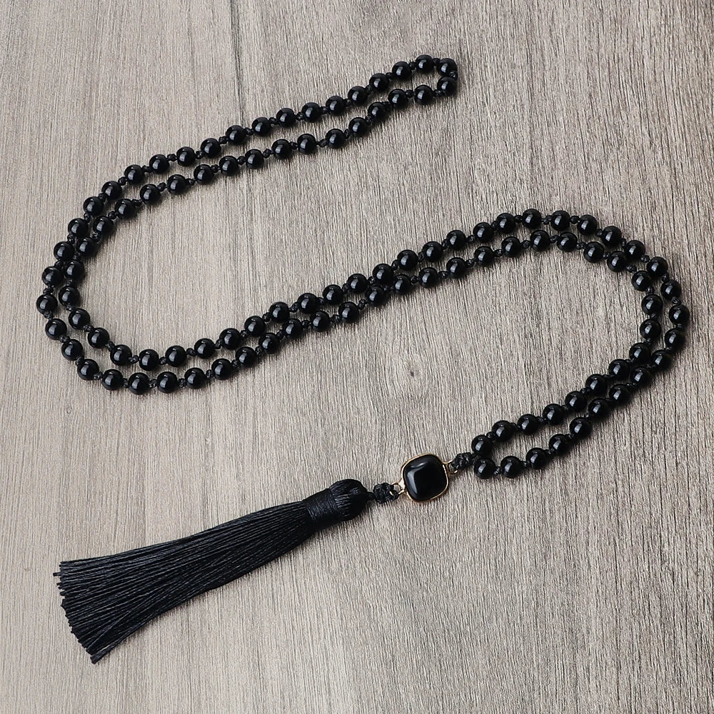 Necklace: Black Obsidian Onyx Mala Necklace - 108 Beads Yoga Jewelry