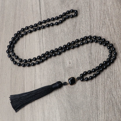 Necklace: Black Obsidian Onyx Mala Necklace - 108 Beads Yoga Jewelry