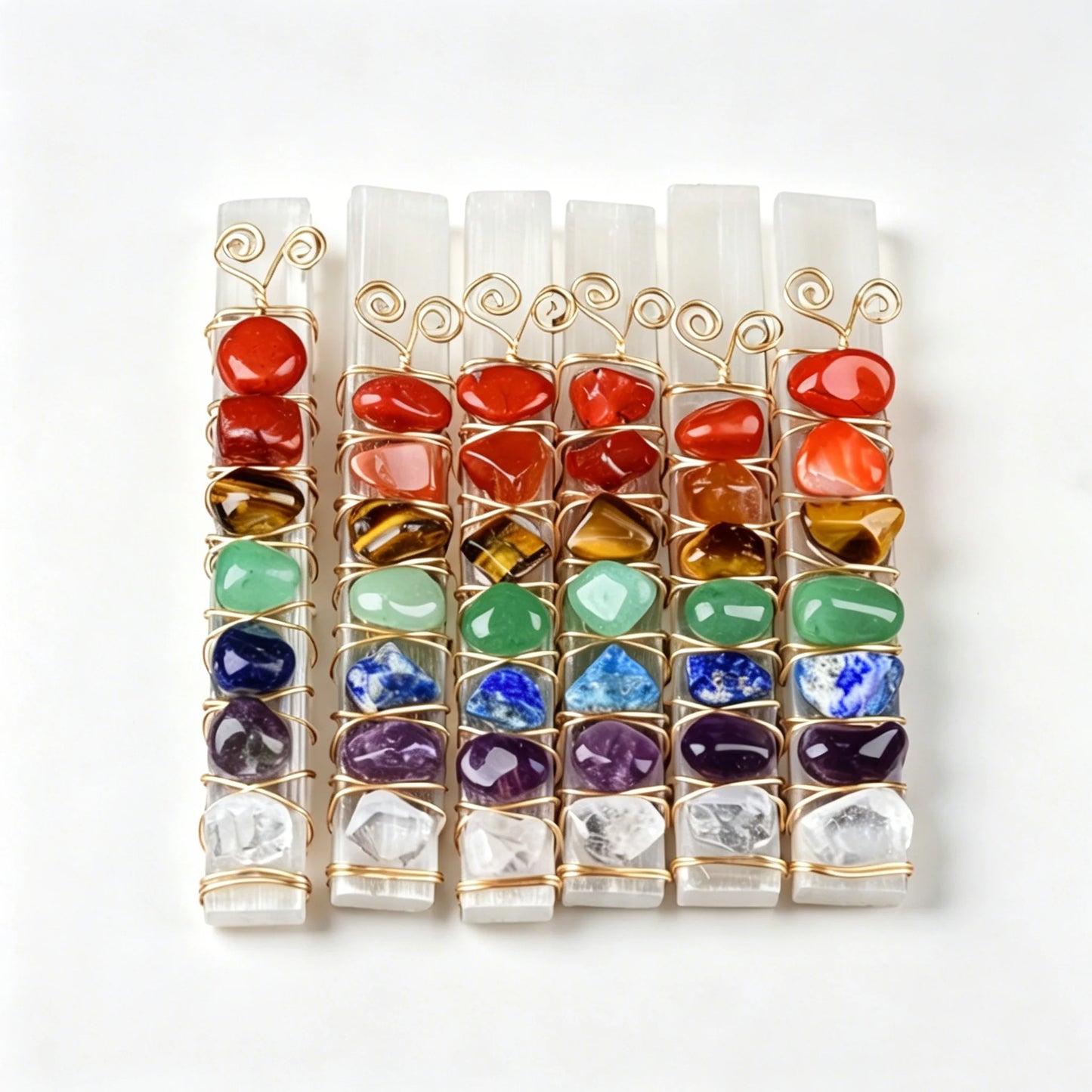 Natural 7 Chakra Selenite Wand Golden/Silvery Wire Wrapped Chakra Reiki Healing Crystal Decor Gift