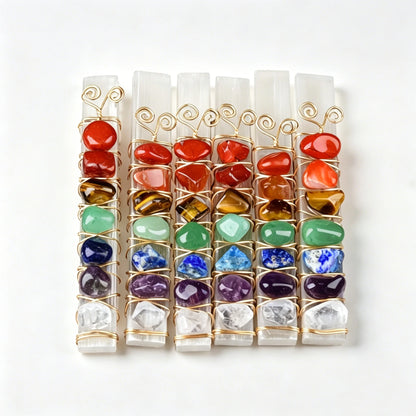 Natural 7 Chakra Selenite Wand Golden/Silvery Wire Wrapped Chakra Reiki Healing Crystal Decor Gift