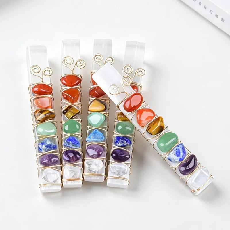 Natural 7 Chakra Selenite Wand Golden/Silvery Wire Wrapped Chakra Reiki Healing Crystal Decor Gift